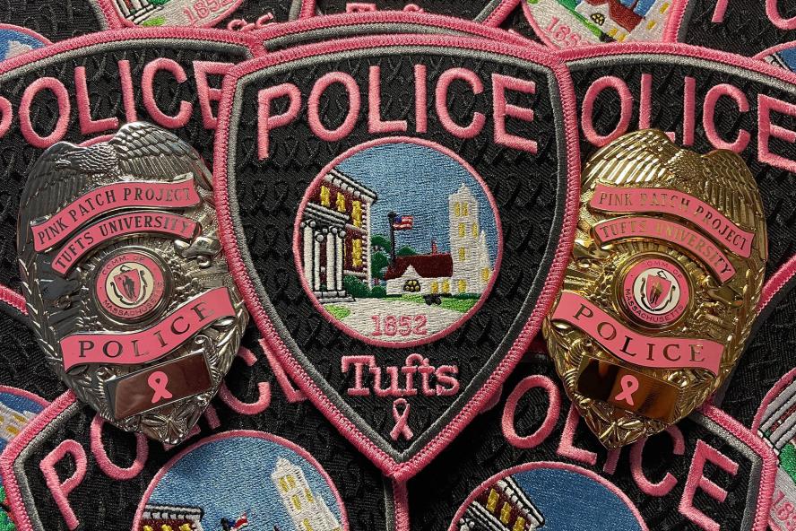 Tufts University Police Department badges embroidered for breast cancer awareness
