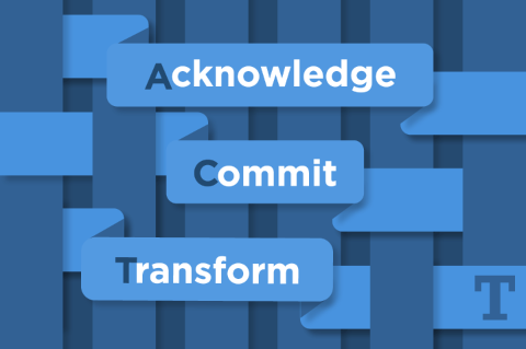 blue graphic with the words Acknowledge, Commit, and Transform